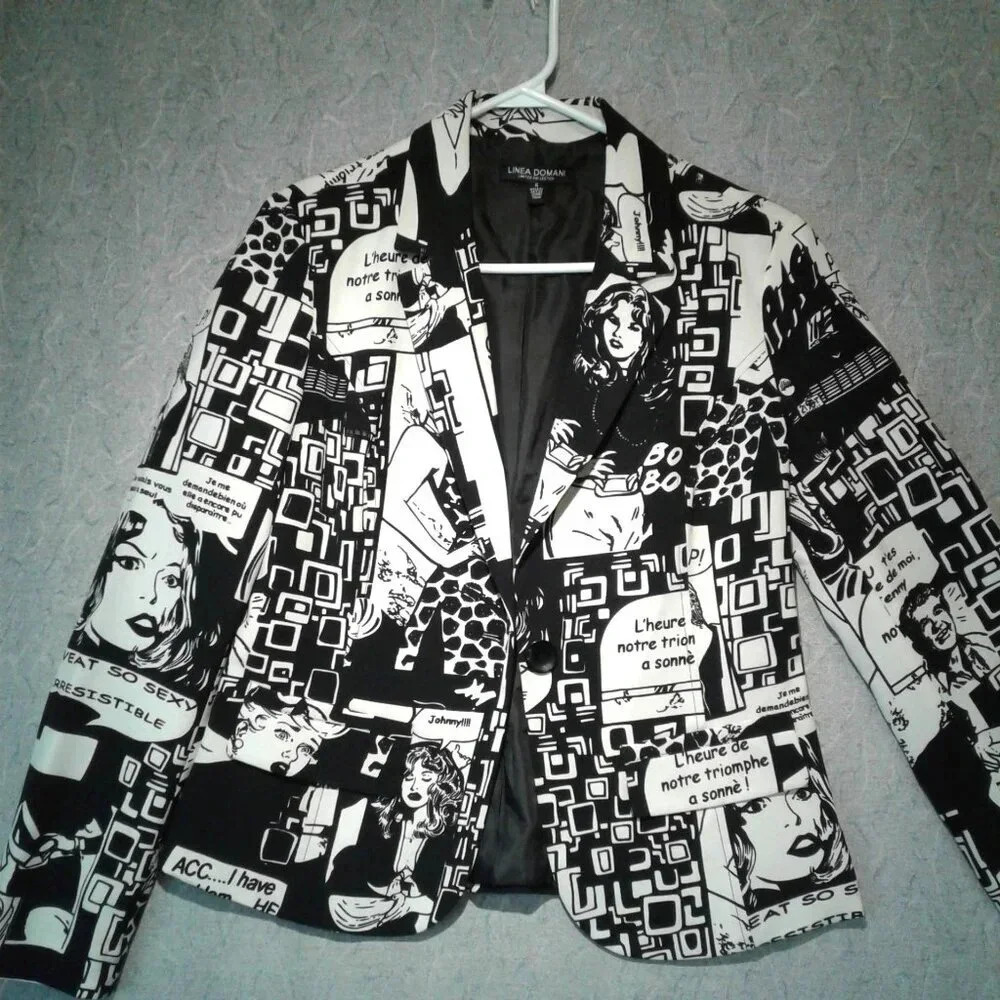 Women's Black & White Cartoon Print  Blazer by Linea Domani Size 4